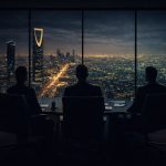 Senior executives overlooking Riyadh skyline, representing strategic talent acquisition and executive hiring in Saudi Arabia.