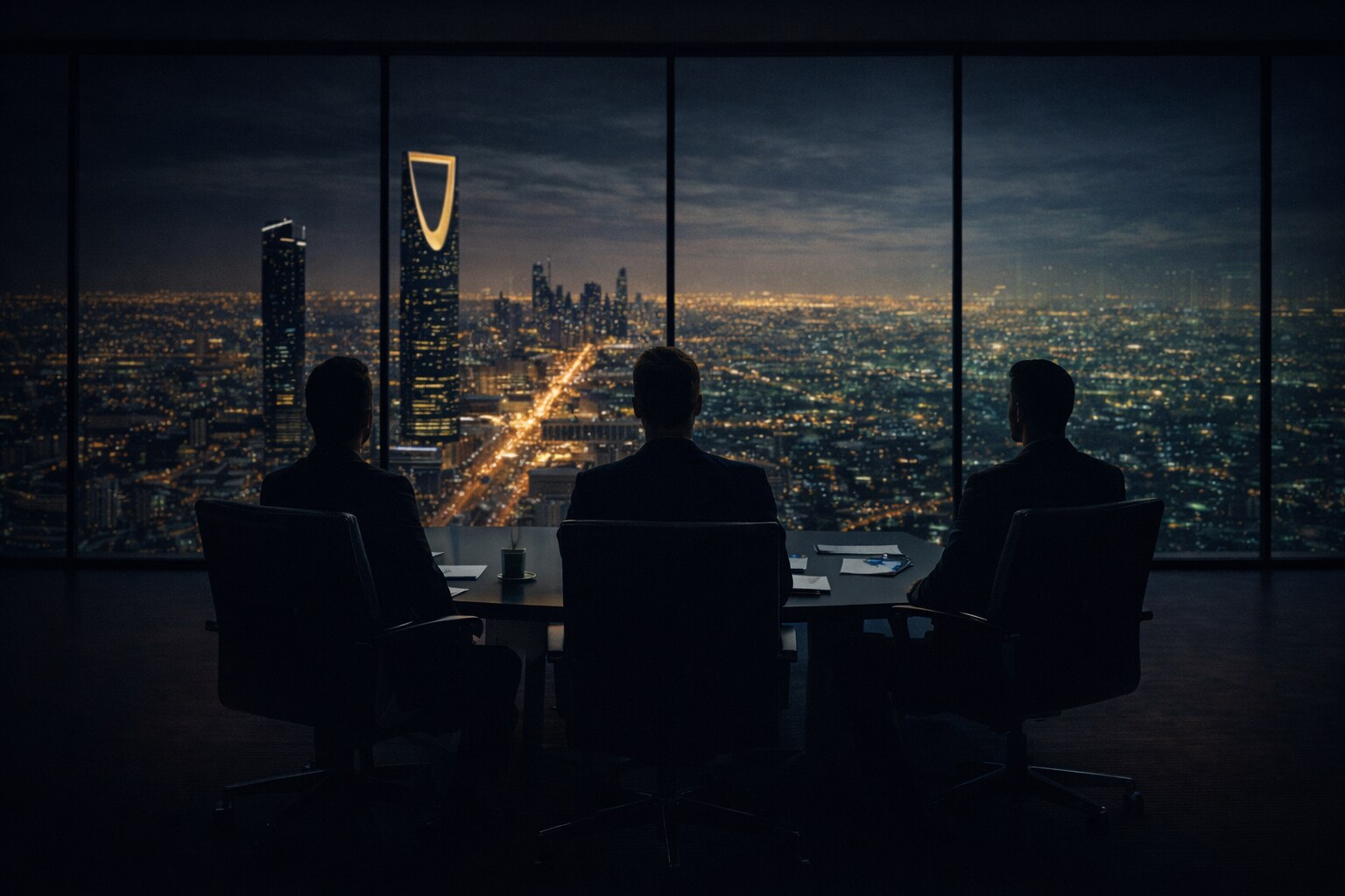 Senior executives overlooking Riyadh skyline, representing strategic talent acquisition and executive hiring in Saudi Arabia.